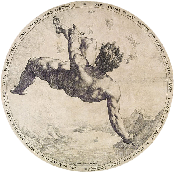 Engraving of a nude male figure falling from the sky towards the sea, surrounded by Latin text in a circular frame