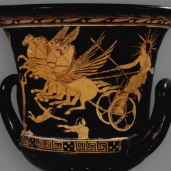 A large mixing pot (krater) with red figure illustrations of Helios driving his chariot; erotes fly around