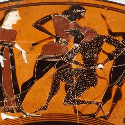 Theseus and the Minotaur on a terracotta kylix in the collections of the Met Museum. Ariadne stands behind Theseus, who is killing the Minotaur.